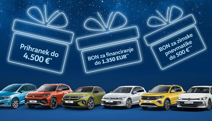 Čas je za darila, ki privabijo nasmehe. Za vas smo pripravili kar tri … Prihranek do 4.500 €,* bon za financiranje** in bon za zimske pnevmatike.*** Podarite si nekaj zanesljivega. Podarite si Volkswagen.